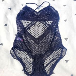 Backless Polka Dot Mesh See Through Bodysuit w Lace Trim